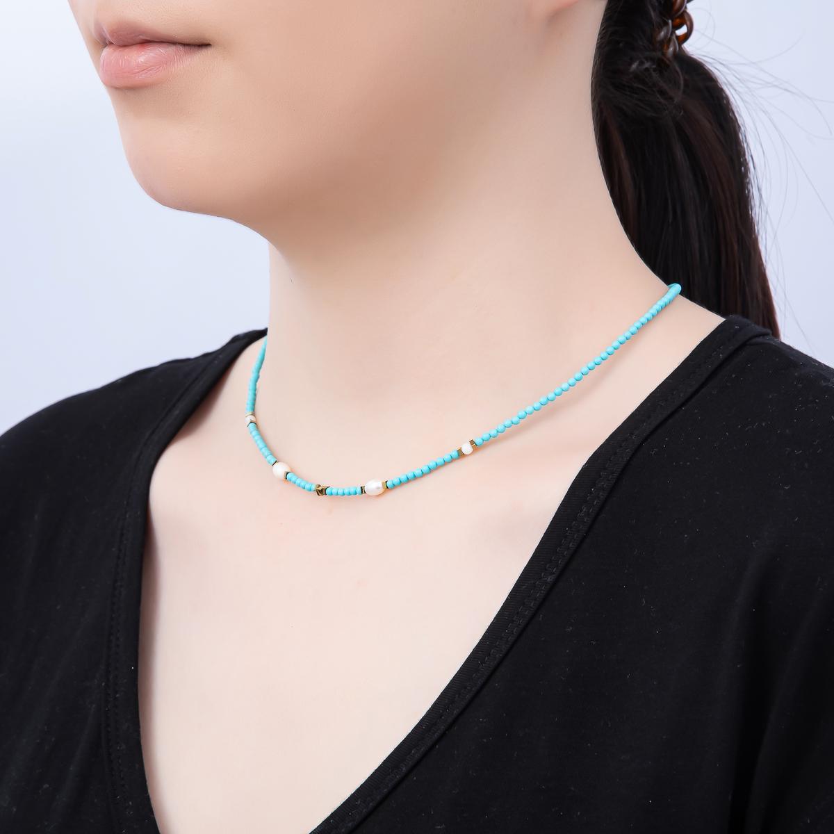 Handmade Stainless Steel 2.5mm Shell Pearl Turquoise Gemstone Chain 16 Inch Necklace Dainty Summer Beach Jewelry Gift for Her | WA-04651