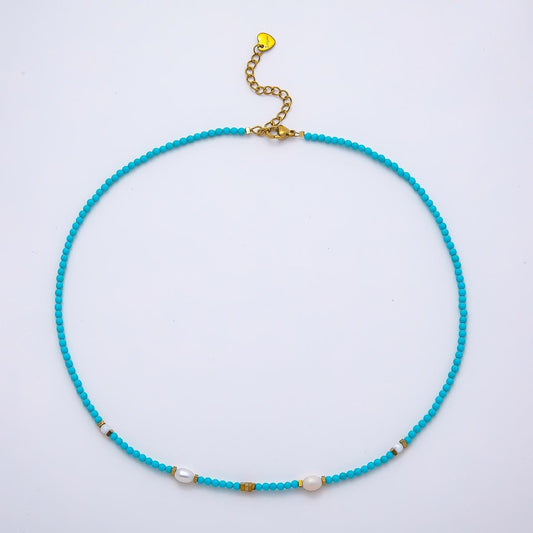 Handmade Stainless Steel 2.5mm Shell Pearl Turquoise Gemstone Chain 16 Inch Necklace Dainty Summer Beach Jewelry Gift for Her | WA-04651