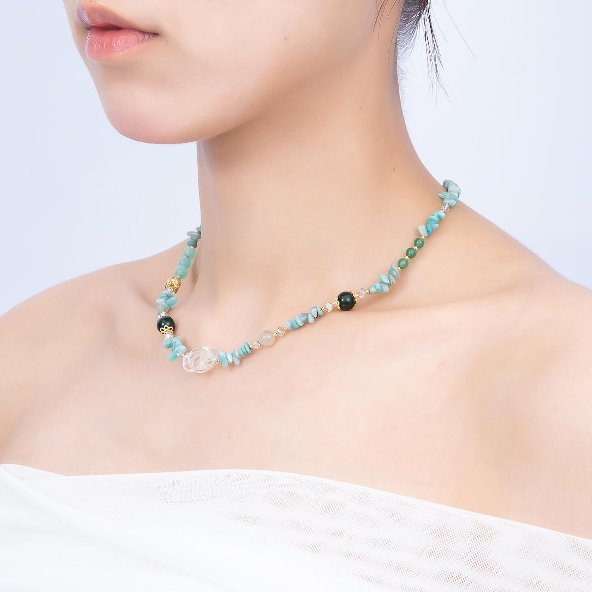 Handmade Amazonite Beaded Necklace, Crystal Pendant Necklace 16 Inch Natural Gemstone Choker PVD Gold Accent Boho Summer Jewelry WA-4741