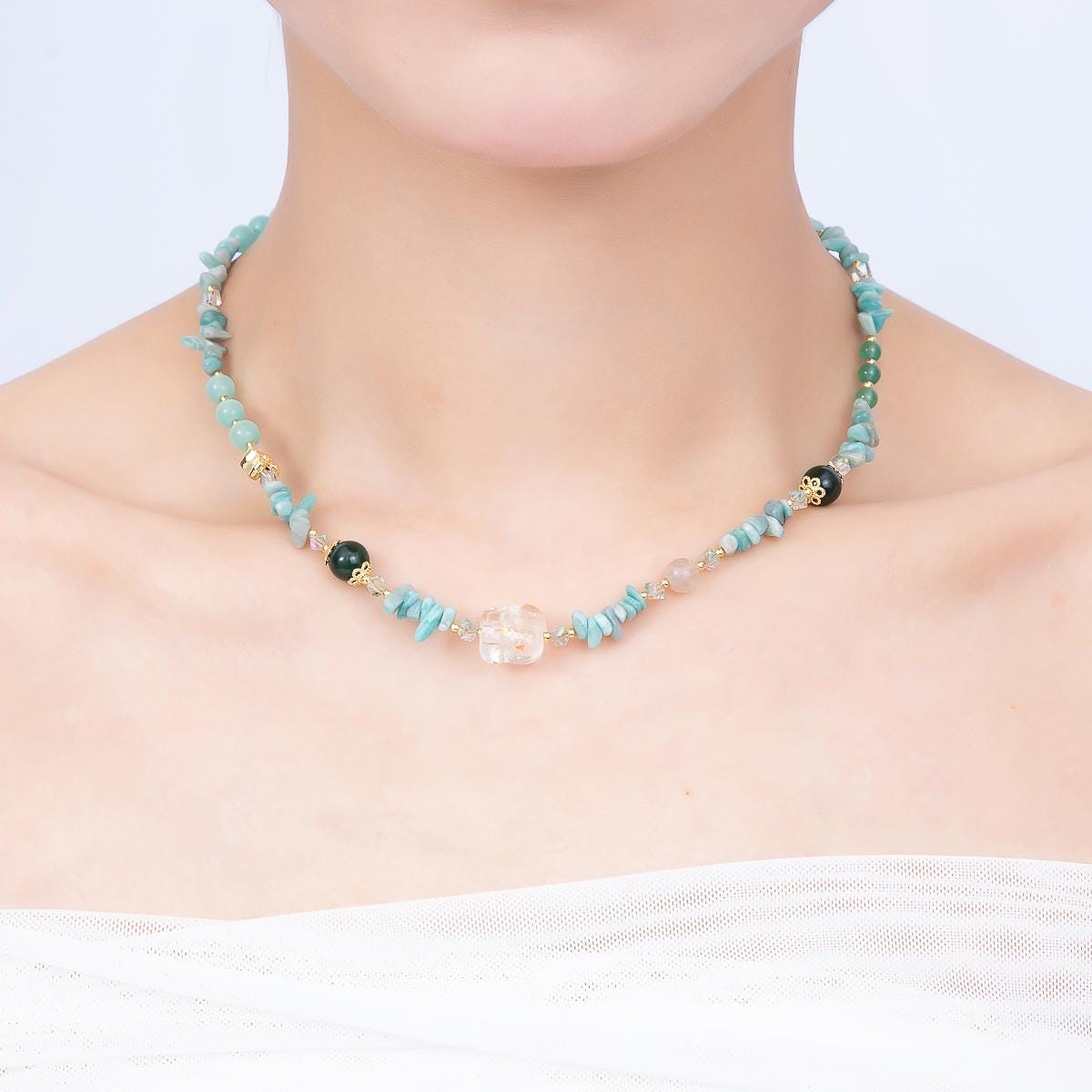 Handmade Amazonite Beaded Necklace, Crystal Pendant Necklace 16 Inch Natural Gemstone Choker PVD Gold Accent Boho Summer Jewelry WA-4741