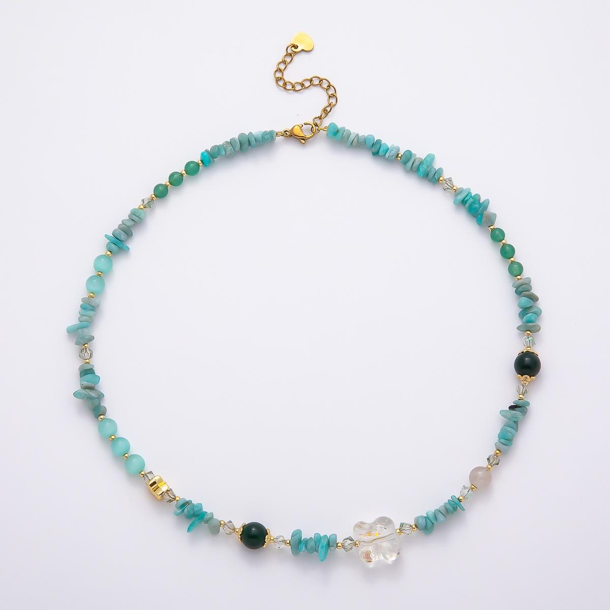Handmade Amazonite Beaded Necklace, Crystal Pendant Necklace 16 Inch Natural Gemstone Choker PVD Gold Accent Boho Summer Jewelry WA-4741