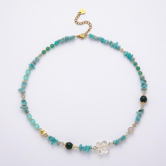 Handmade Amazonite Beaded Necklace, Crystal Pendant Necklace 16 Inch Natural Gemstone Choker PVD Gold Accent Boho Summer Jewelry WA-4741