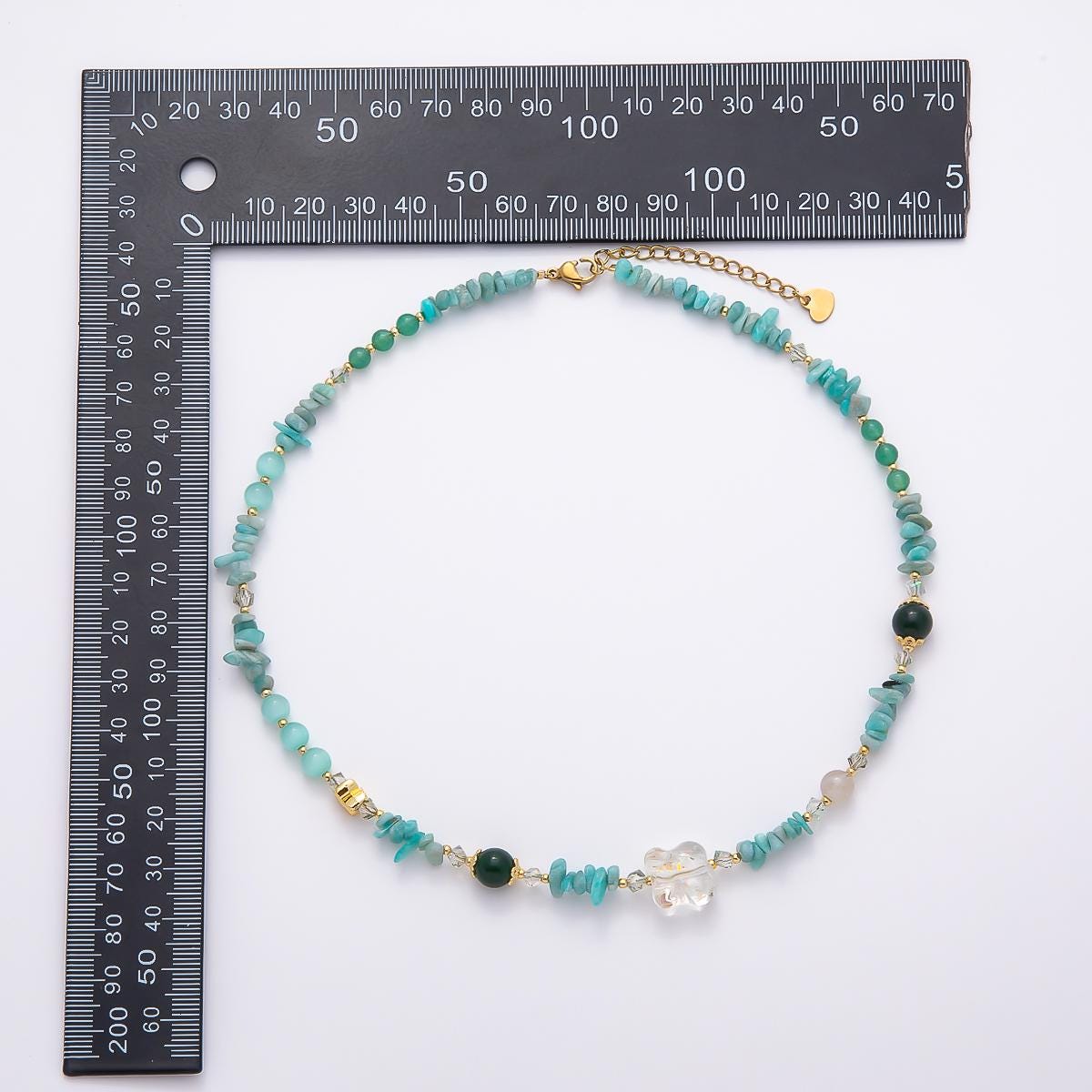Handmade Amazonite Beaded Necklace, Crystal Pendant Necklace 16 Inch Natural Gemstone Choker PVD Gold Accent Boho Summer Jewelry WA-4741