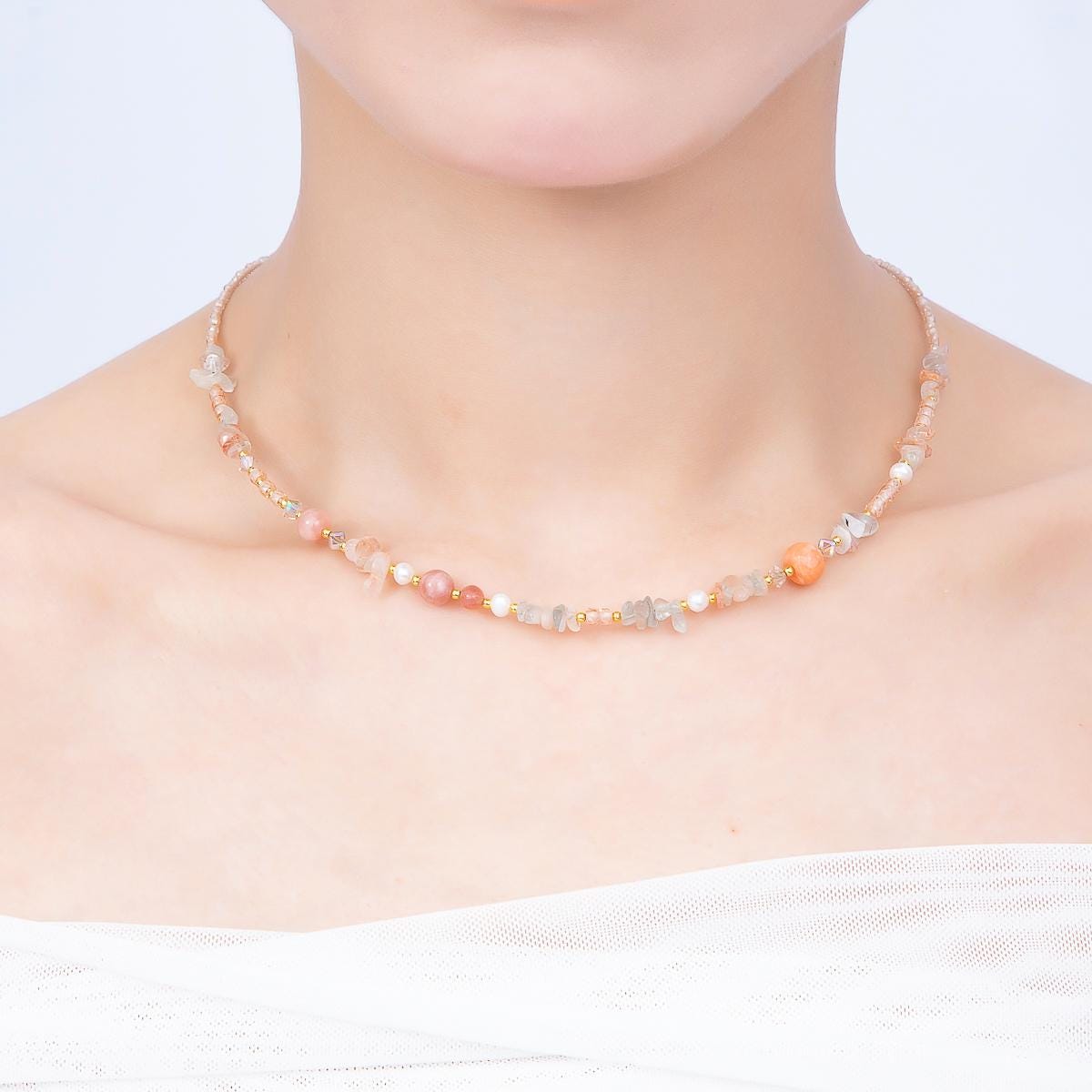 Minimalist Handmade Morganite & Aquamarine Beaded Necklace, Freshwater Pearl Gemstone Choker, Pink Crystal Necklace 16 inch WA-4737