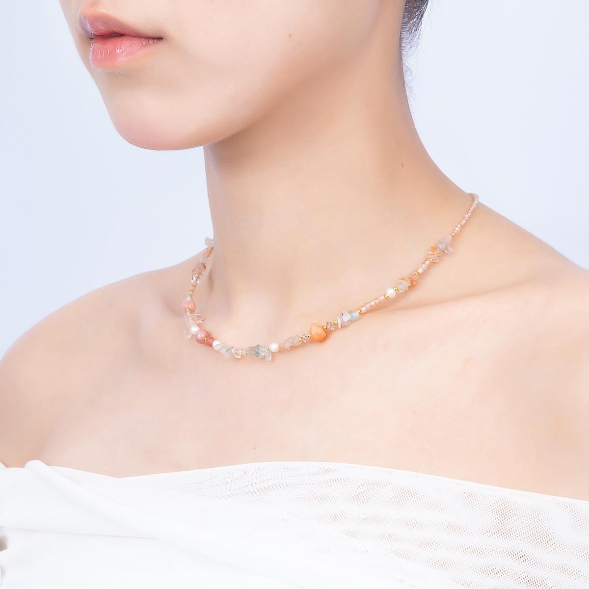Minimalist Handmade Morganite & Aquamarine Beaded Necklace, Freshwater Pearl Gemstone Choker, Pink Crystal Necklace 16 inch WA-4737