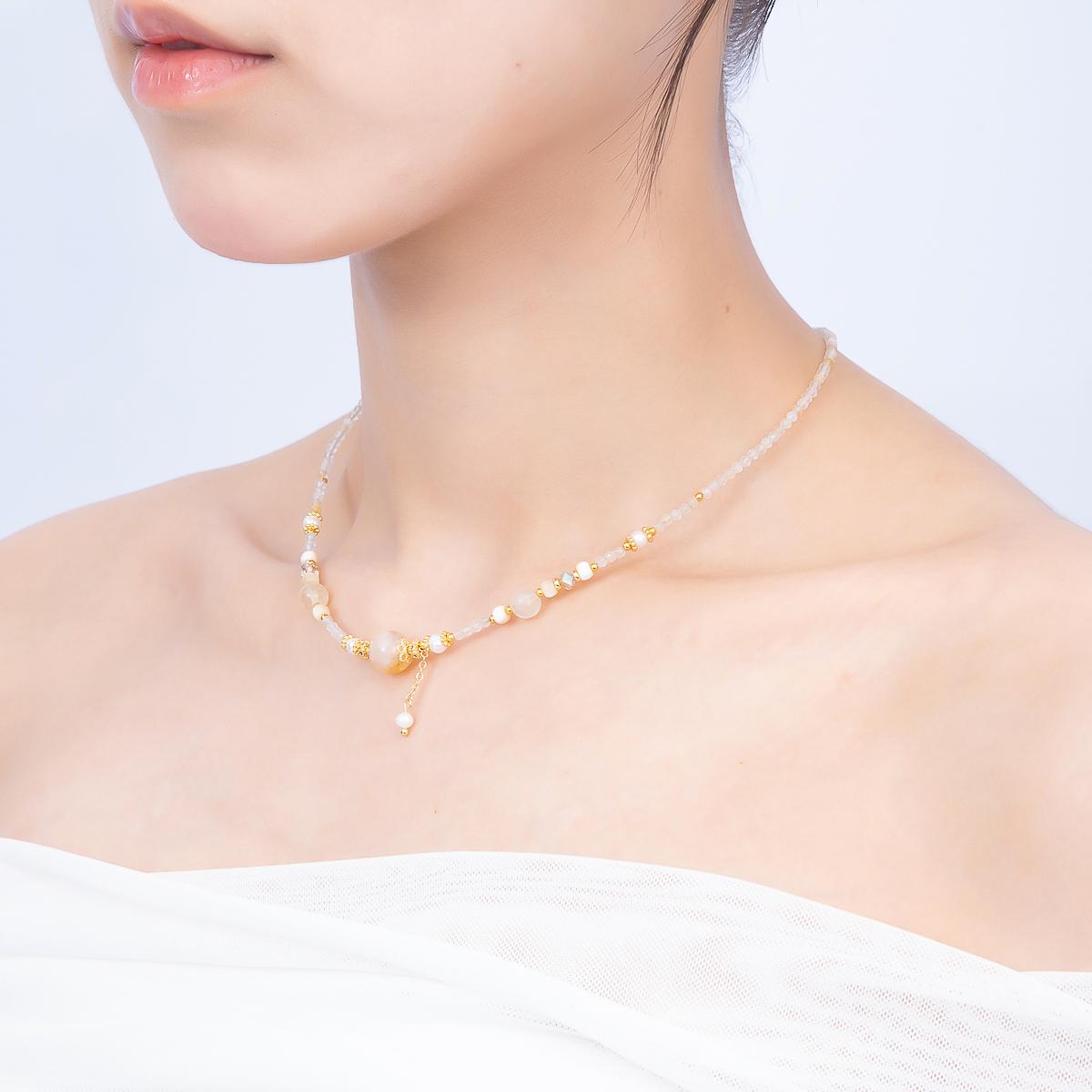 Natural Moonstone Necklace, Handmade Beaded Necklace, White Crystal Choker, Gold Accent Jewelry, Wedding Gift for Her WA-4736