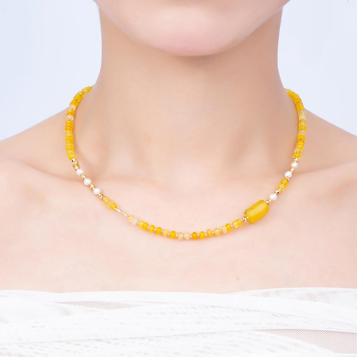 Handmade Yellow Beaded Necklace, Seed Bead Choker, Freshwater Pearl Necklace, Minimalist Gold Layering Necklace, Summer Jewelry Gift WA-4734