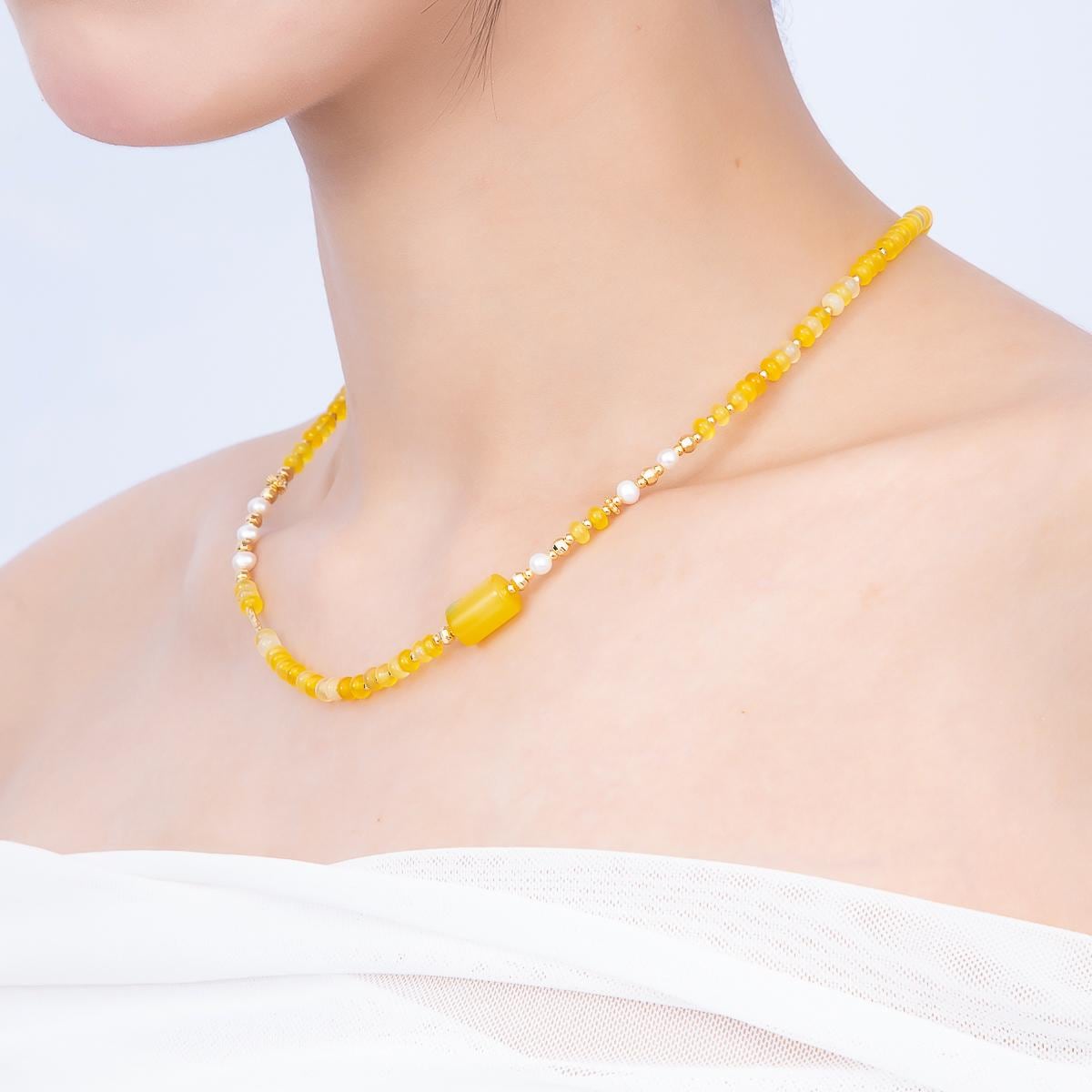Handmade Yellow Beaded Necklace, Seed Bead Choker, Freshwater Pearl Necklace, Minimalist Gold Layering Necklace, Summer Jewelry Gift WA-4734