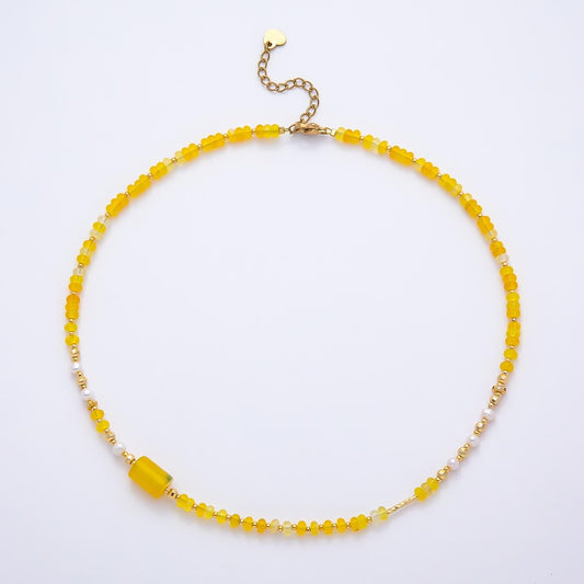 Handmade Yellow Beaded Necklace, Seed Bead Choker, Freshwater Pearl Necklace, Minimalist Gold Layering Necklace, Summer Jewelry Gift WA-4734