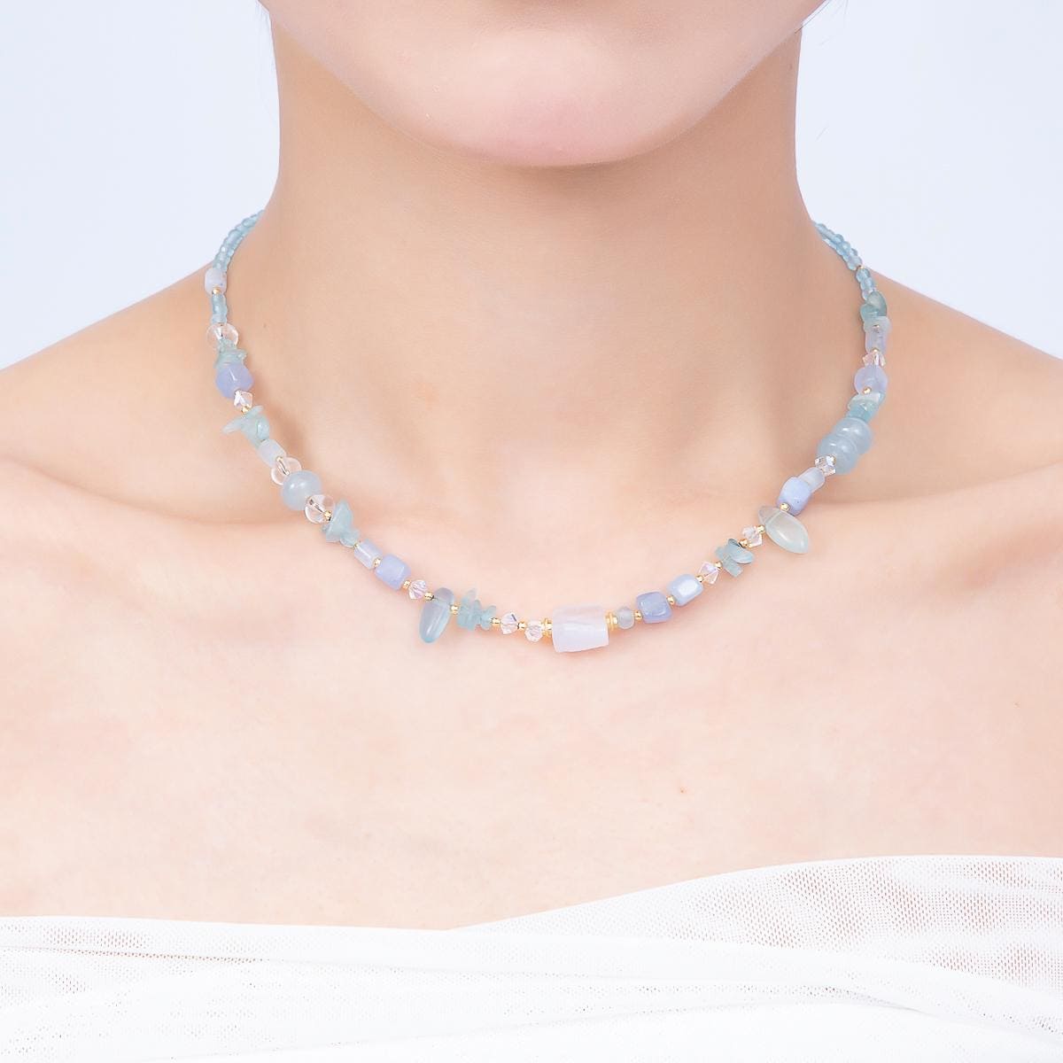 Dainty Handmade Blue Aqua Gemstone Necklace Beaded Necklace Choker Layering Minimalist Boho Jewelry WA-4732
