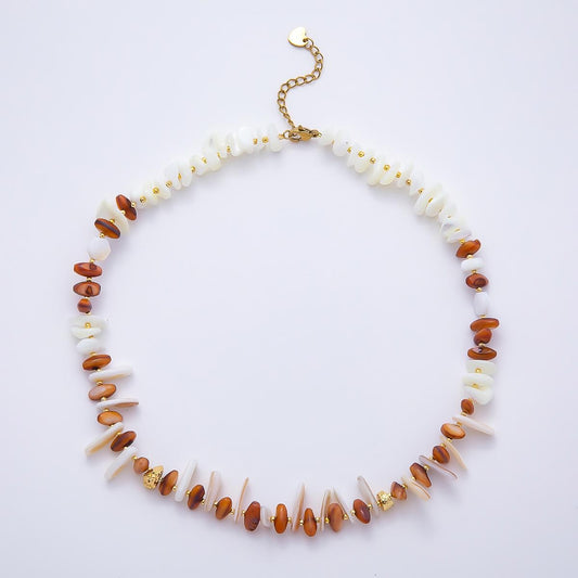 10mm Red Citrine White Shell Pearl Biwa Pebble Gemstone Chain 15.5 Inch Necklace Coastal Boho Beach Jewelry Fashion Statement | WA-04725