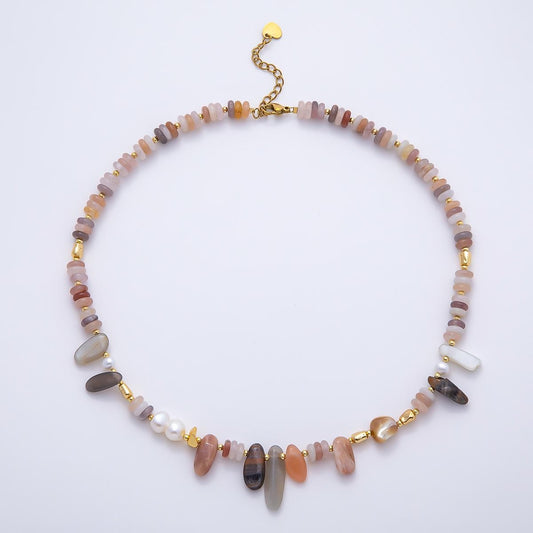 Handmade 4.2mm Pink Rhodolite Shell Pearl Rondelle Pebble Gemstone Chain 16 Inch Necklace Dainty Beaded Coastal Jewelry Gift | WA-04728