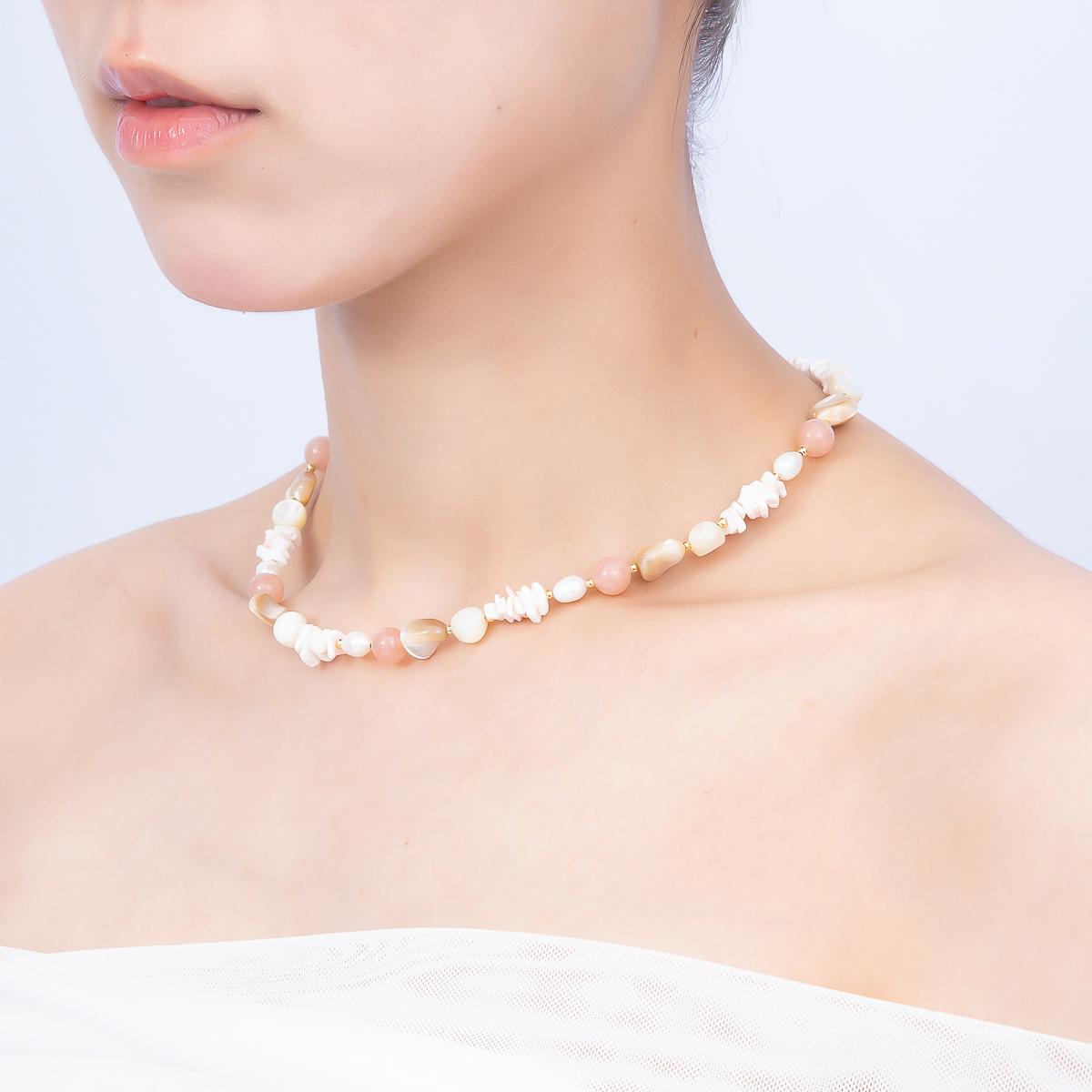Handmade 5mm Pink Quartz Pika Pearl Multifaceted Gemstone Chain 15.5 Inch Necklace Wedding Jewelry Coastal Layering Necklace Gift | WA-04729