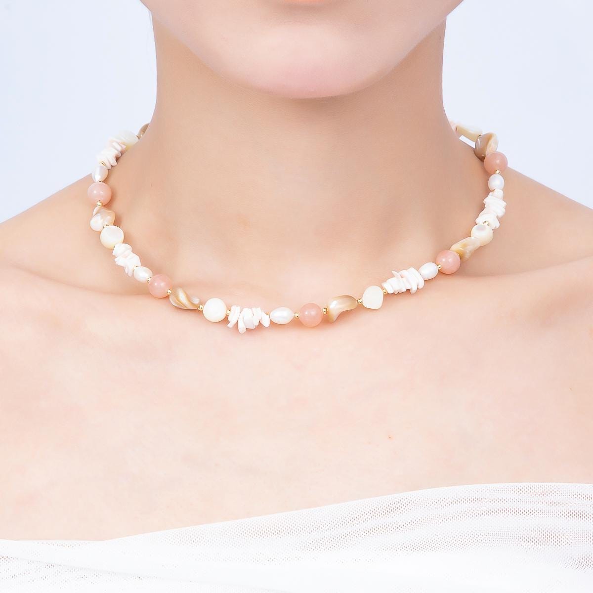Handmade 5mm Pink Quartz Pika Pearl Multifaceted Gemstone Chain 15.5 Inch Necklace Wedding Jewelry Coastal Layering Necklace Gift | WA-04729