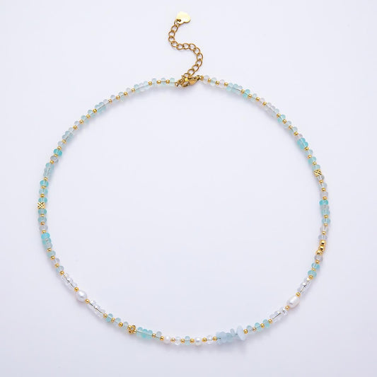 Handmade 4.2mm Blue Aquamarine AB Shell Pearl Rondelle Multifaceted Gemstone Chain 15.5 Inch Necklace Coastal Boho Jewelry for Her| WA-04730