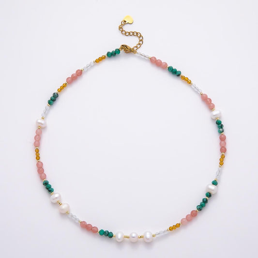 Handmade 4.2mm Shell Pearl Multicolor Multifaceted Bead Gemstone Chain 16 Inch Necklace Boho Coquette Jewelry Bridal Gift for Her | WA-04740