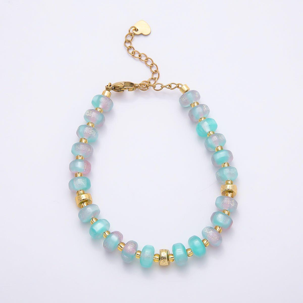 Handmade 8mm Orange, Yellow, Blue, Green, Pink Glitter Rondelle Bead Resin 7 Inch Bracelet w. Extender Summer Jewelry Gift | WA-04554