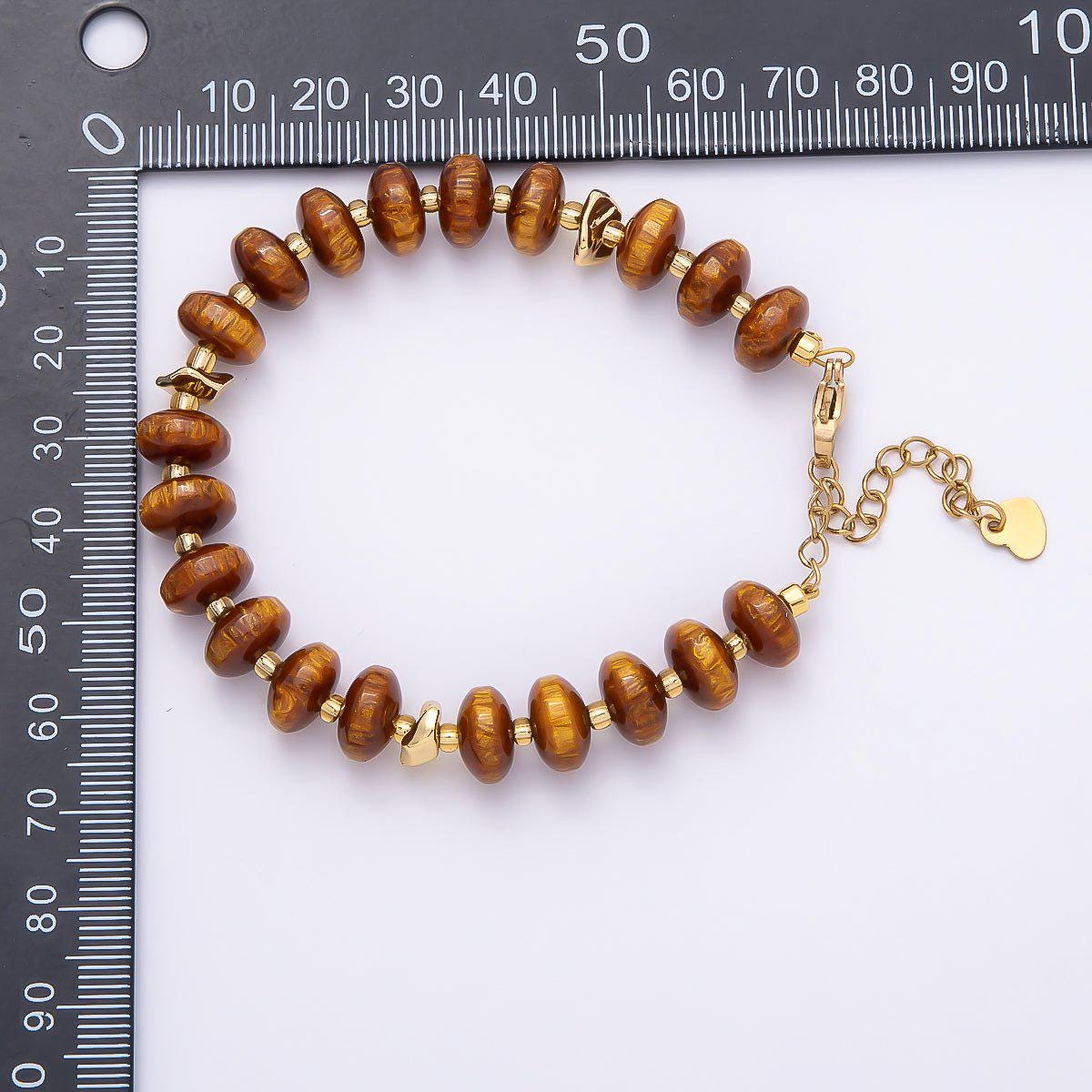 Handmade 10mm Round Flat Rondelle Bead Resin 7.5 Inch Bracelet w/ Extender Gold Earthy Beaded Protection Jewelry Gift | WA-04613