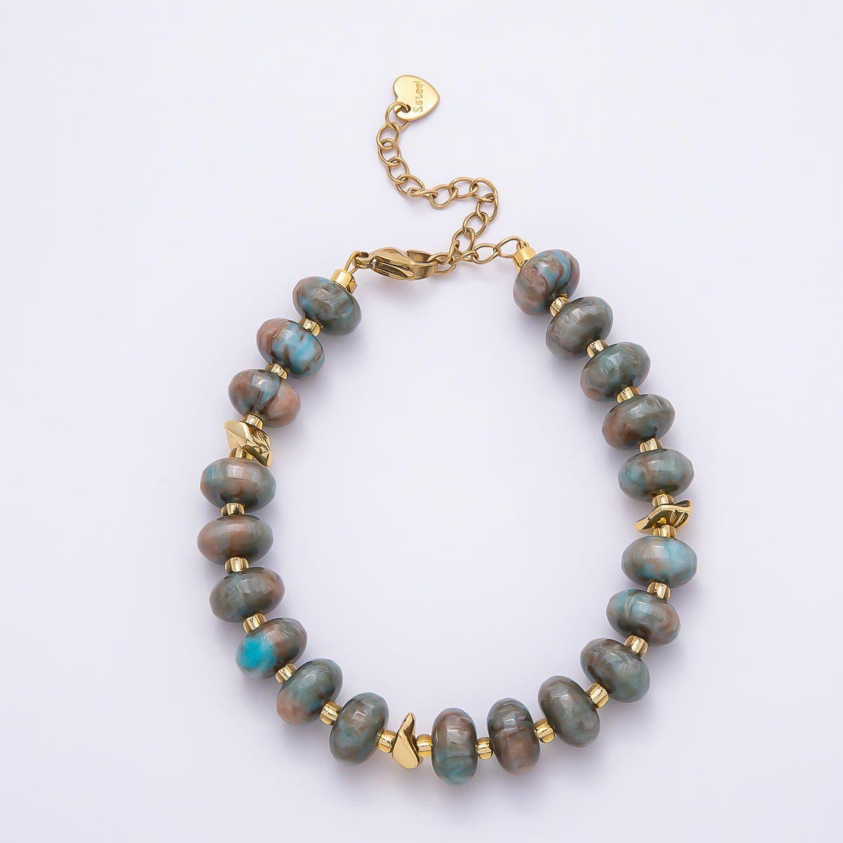 Handmade 10mm Round Flat Rondelle Bead Resin 7.5 Inch Bracelet w/ Extender Gold Earthy Beaded Protection Jewelry Gift | WA-04613