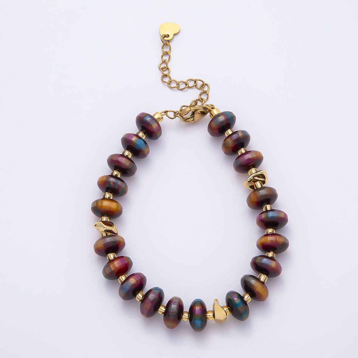 Handmade 10mm Round Flat Rondelle Bead Resin 7.5 Inch Bracelet w/ Extender Gold Earthy Beaded Protection Jewelry Gift | WA-04613