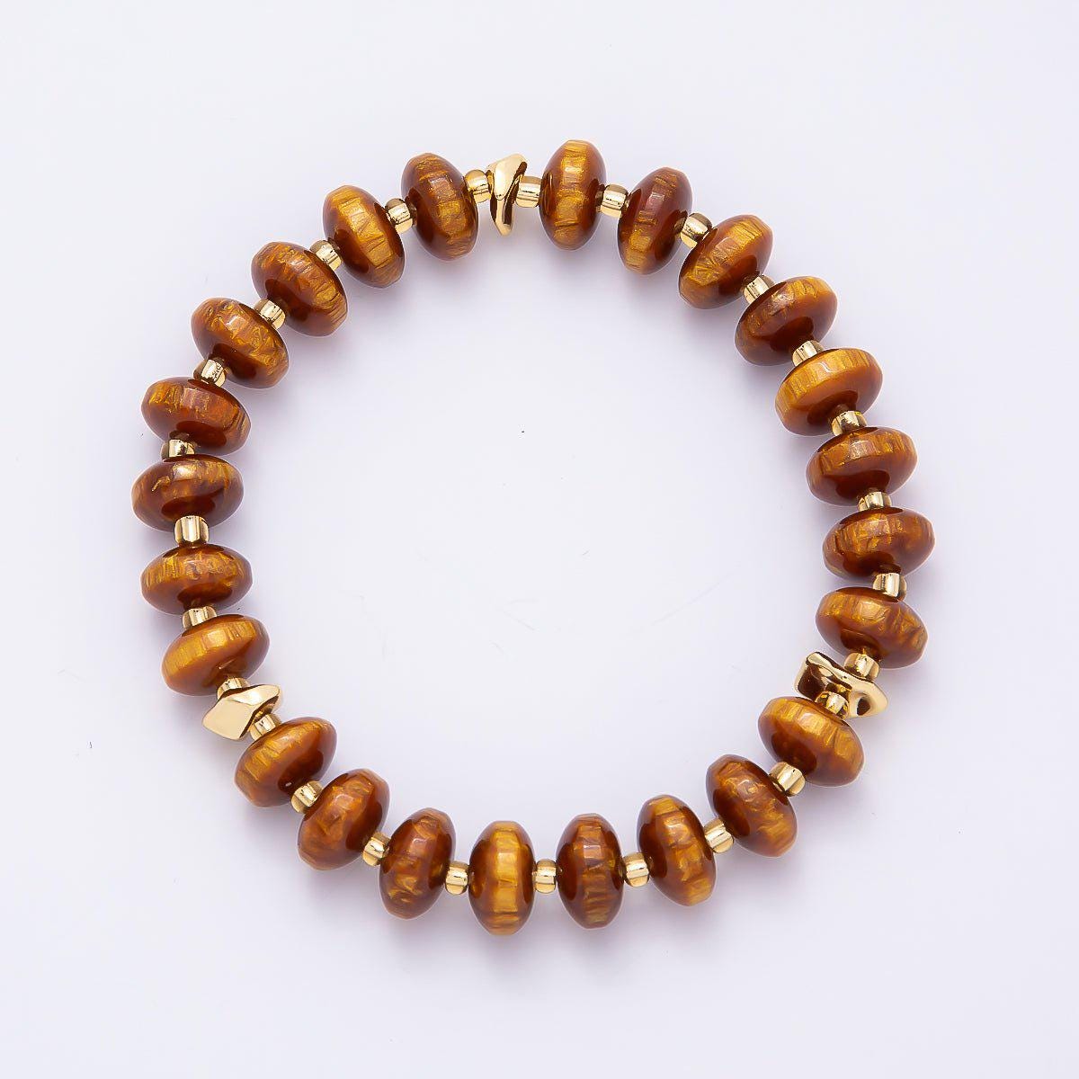 Handmade 10mm Rondelle Resin Bead 8 Inch Stretch Bracelet with Gold Accents Boho Jewelry Fashion Statement Gift for Her | WA-04619