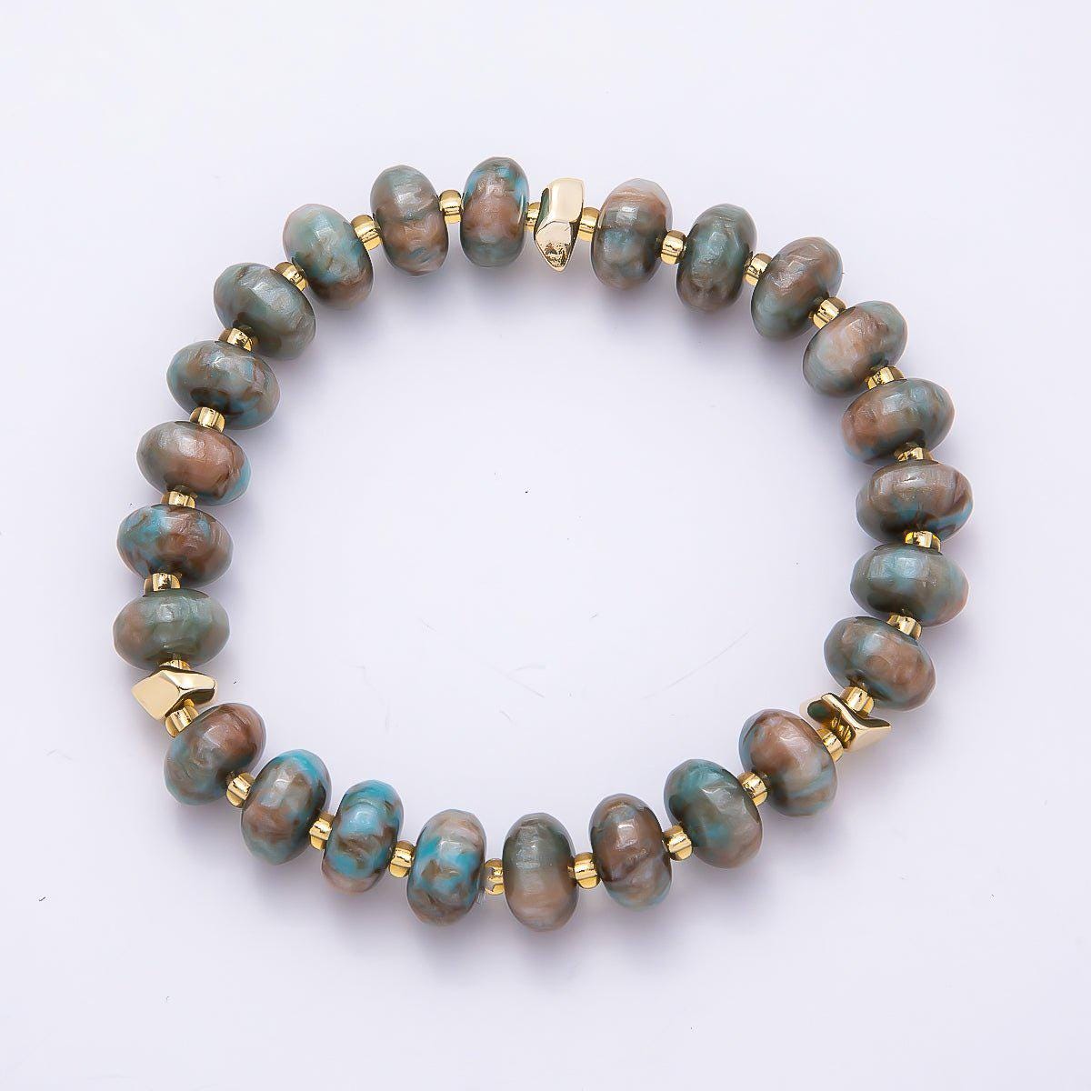 Handmade 10mm Rondelle Resin Bead 8 Inch Stretch Bracelet with Gold Accents Boho Jewelry Fashion Statement Gift for Her | WA-04619