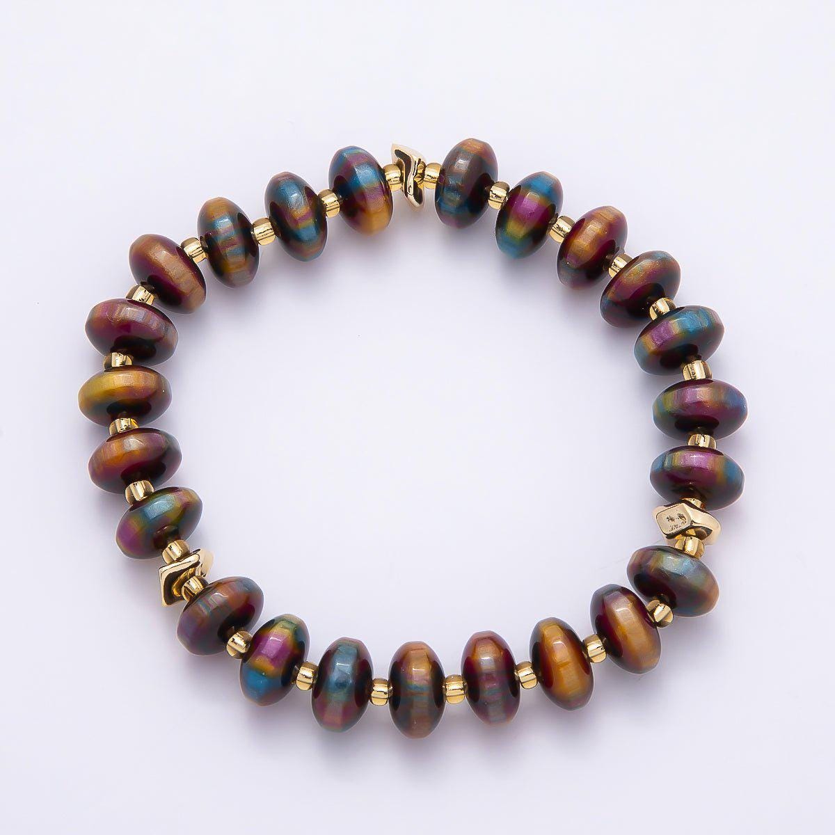 Handmade 10mm Rondelle Resin Bead 8 Inch Stretch Bracelet with Gold Accents Boho Jewelry Fashion Statement Gift for Her | WA-04619