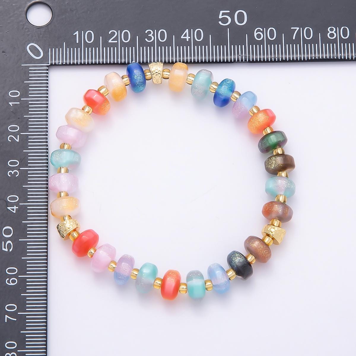 8mm Multicolor, Blue, Yellow, Pink, Orange, Green Glitter Rondelle Bead Resin 7 Inch Stretch Bracelet Shimmer Summer Jewelry | WA-04559