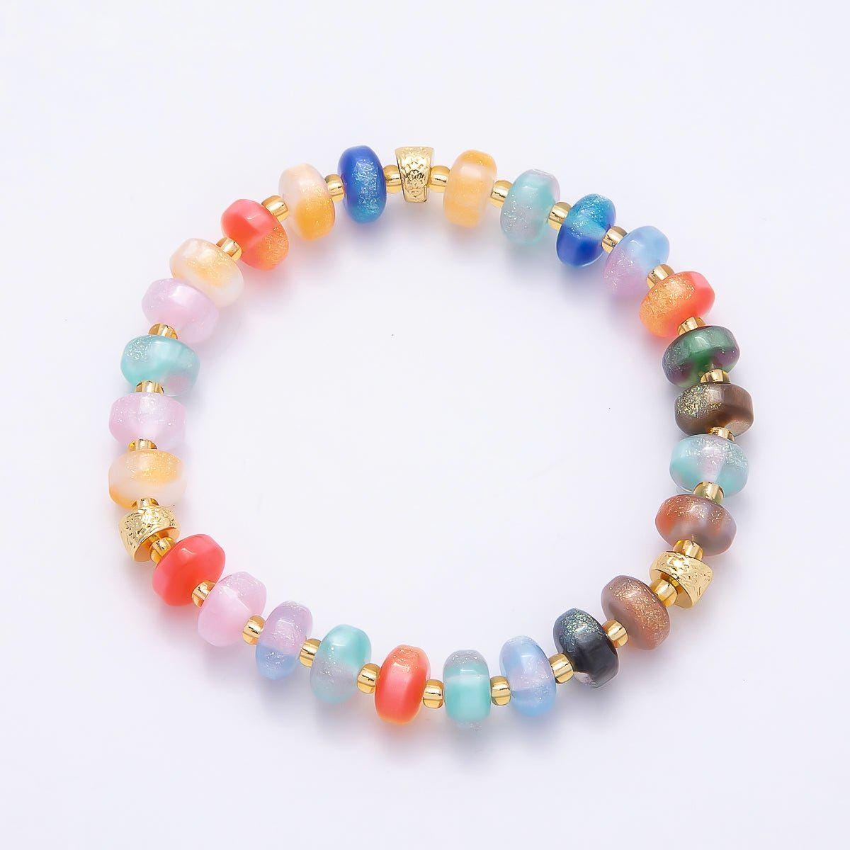 8mm Multicolor, Blue, Yellow, Pink, Orange, Green Glitter Rondelle Bead Resin 7 Inch Stretch Bracelet Shimmer Summer Jewelry | WA-04559