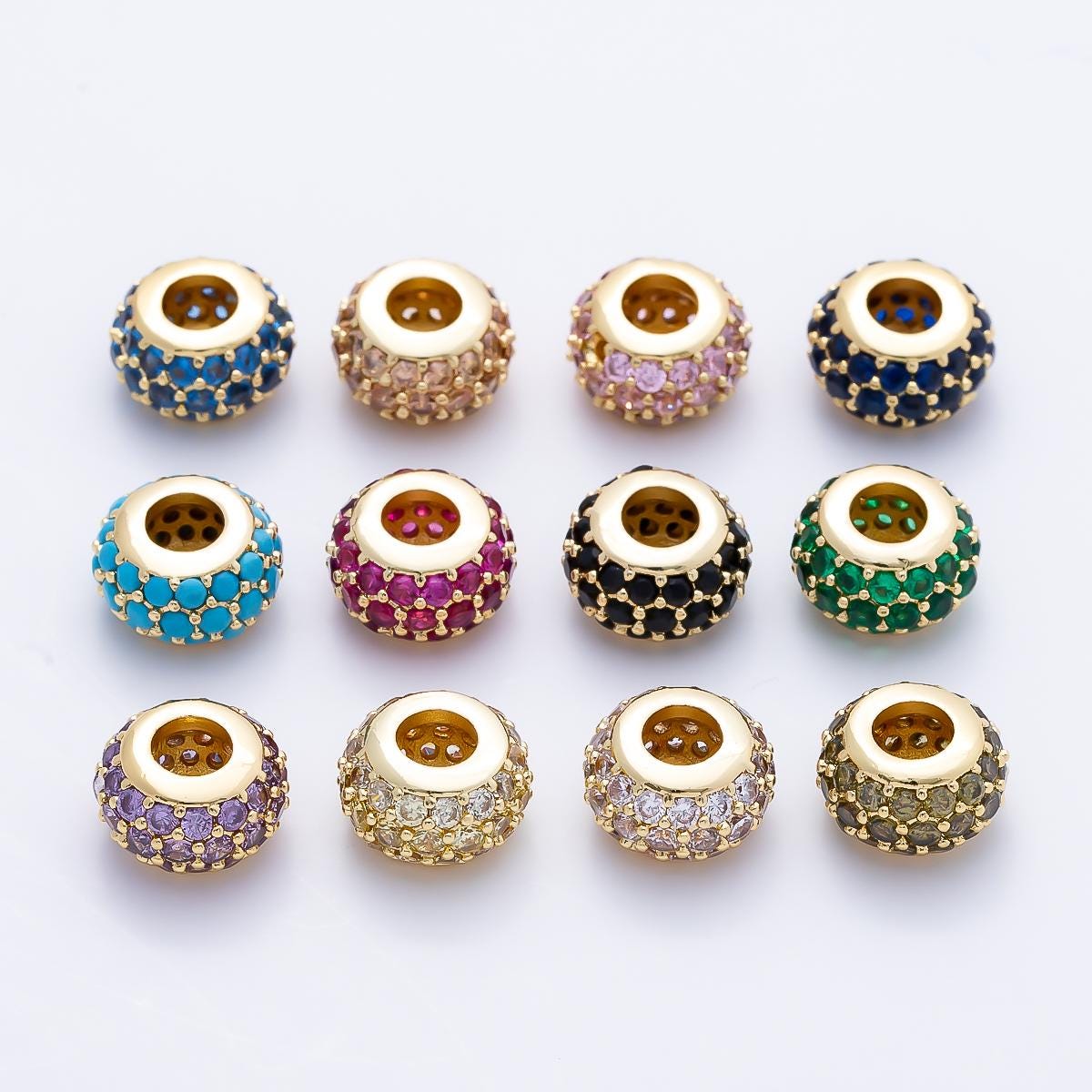 16K Gold Filled 10.5mm Black, Purple, Clear, Green, Blue Micro Paved CZ Rondelle Bead DIY Jewelry Making Supply Birthstone | Beads-000398