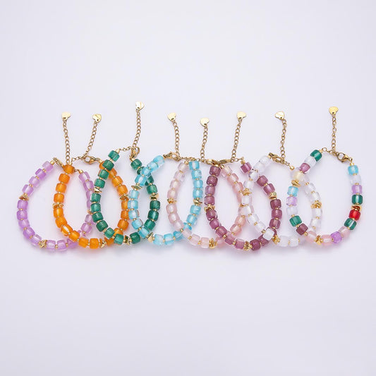 Handmade 8mm Purple, Multicolor, White, Purple, Pink, Blue, Green, Orange Glitter Resin Rondelle Bead 7 Inch Bracelet w. Extender | WA-04573