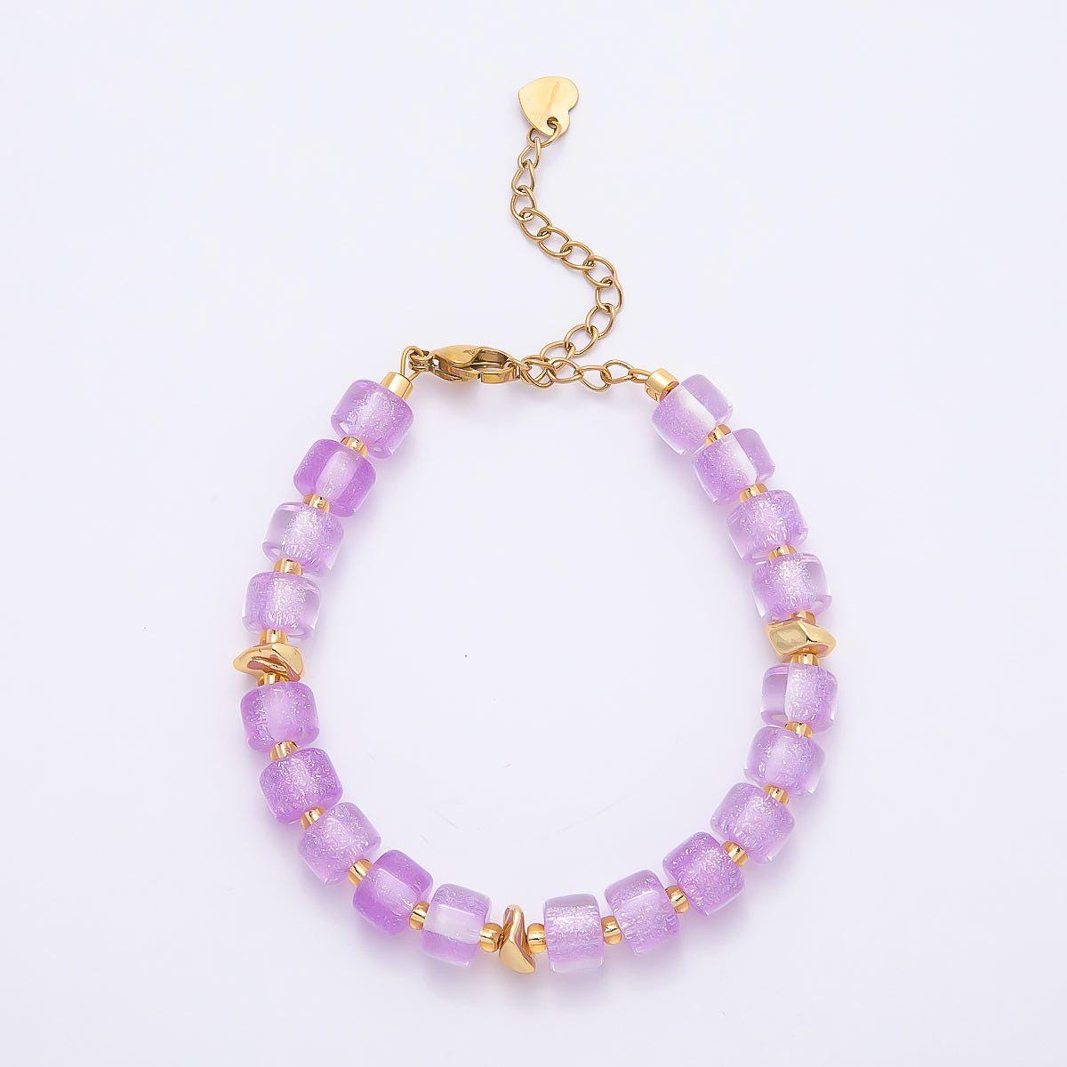 Handmade 8mm Purple, Multicolor, White, Purple, Pink, Blue, Green, Orange Glitter Resin Rondelle Bead 7 Inch Bracelet w. Extender | WA-04573