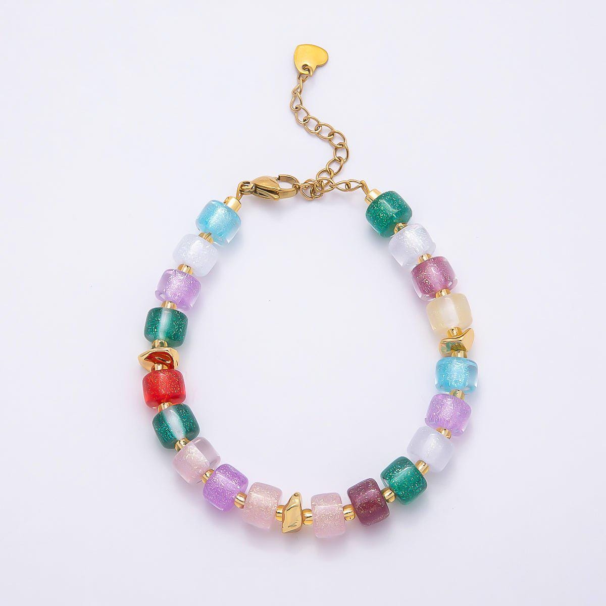 Handmade 8mm Purple, Multicolor, White, Purple, Pink, Blue, Green, Orange Glitter Resin Rondelle Bead 7 Inch Bracelet w. Extender | WA-04573