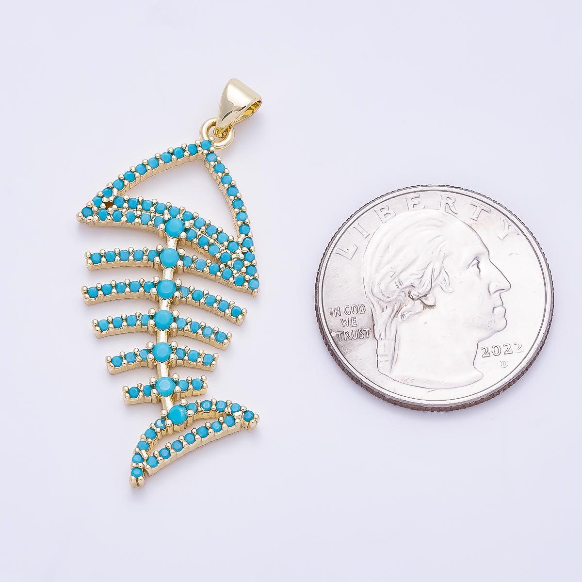 14K Gold fish necklace pendant Turquoise CZ Fish bone charm for statement necklace Charms-1313