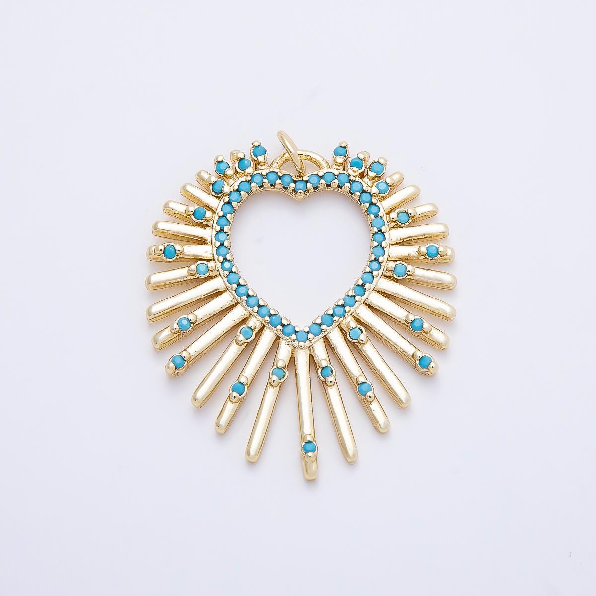 16K Gold Filled 34.7mm Turquoise Sunburst Open Heart Charm Vibrant Sunray Pendant DIY Jewelry Making Supply Gift for her | CHARMS-1253
