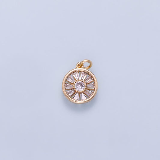 16K Gold Filled 12mm Baguette Round CZ Bezel Mini Charm Wheel Pendant Clear Medallion Layering Necklace Jewelry Supply | Charms-01045