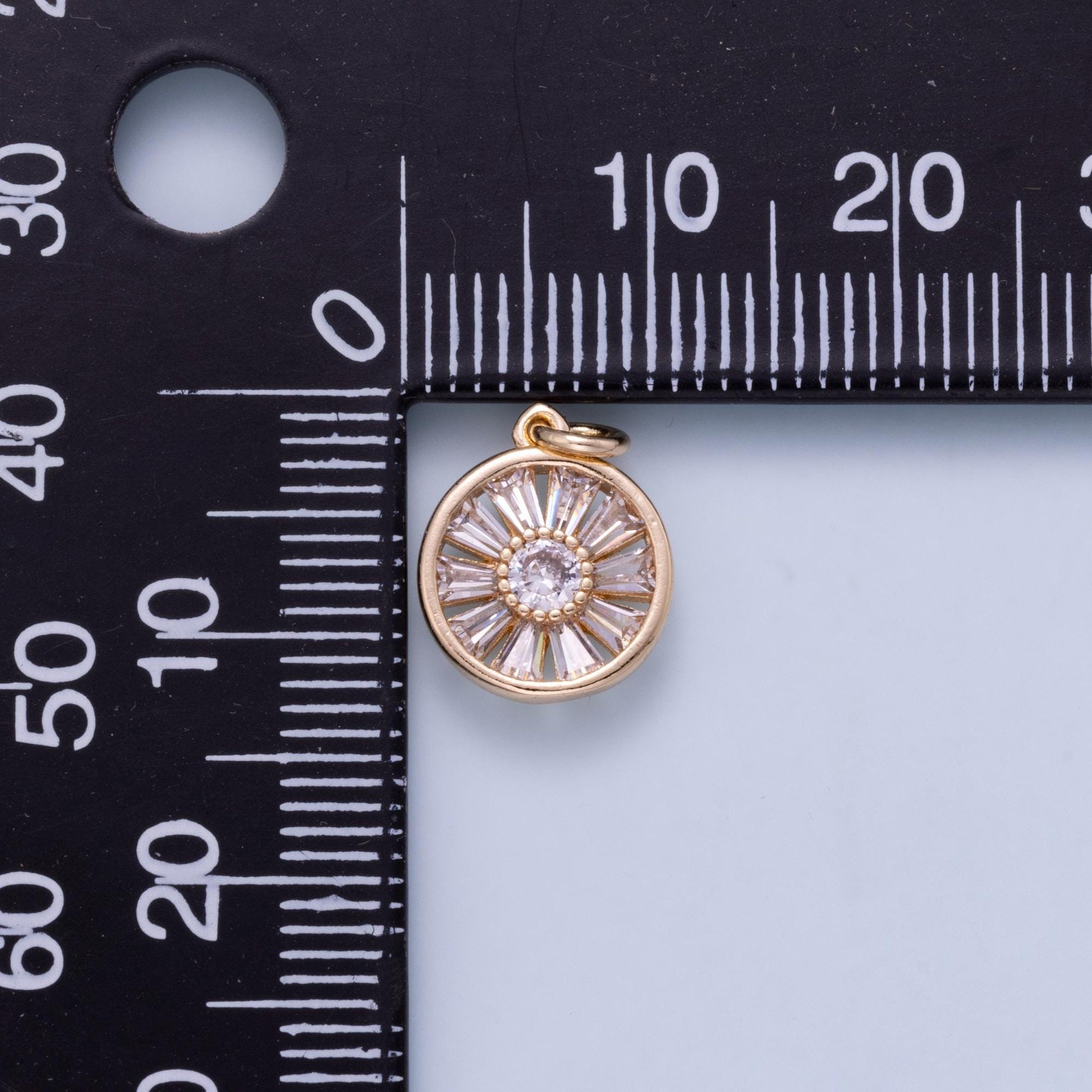 16K Gold Filled 12mm Baguette Round CZ Bezel Mini Charm Wheel Pendant Clear Medallion Layering Necklace Jewelry Supply | Charms-01045