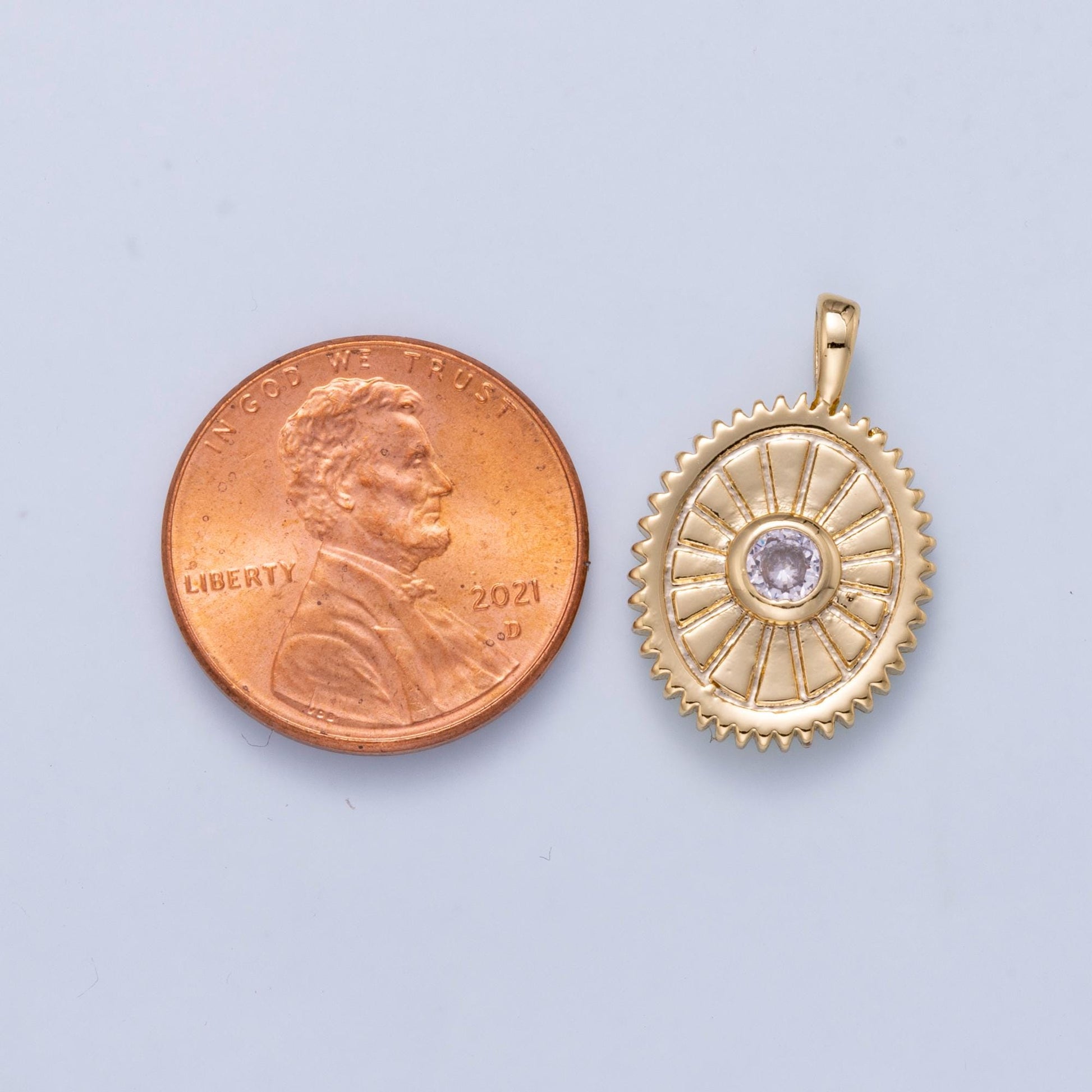 16K Gold Filled 21mm Clear CZ Geometric Lined Textured Sunburst Oval Pendant Layering Necklace Earring Jewelry DIY Supply | Charms-01046