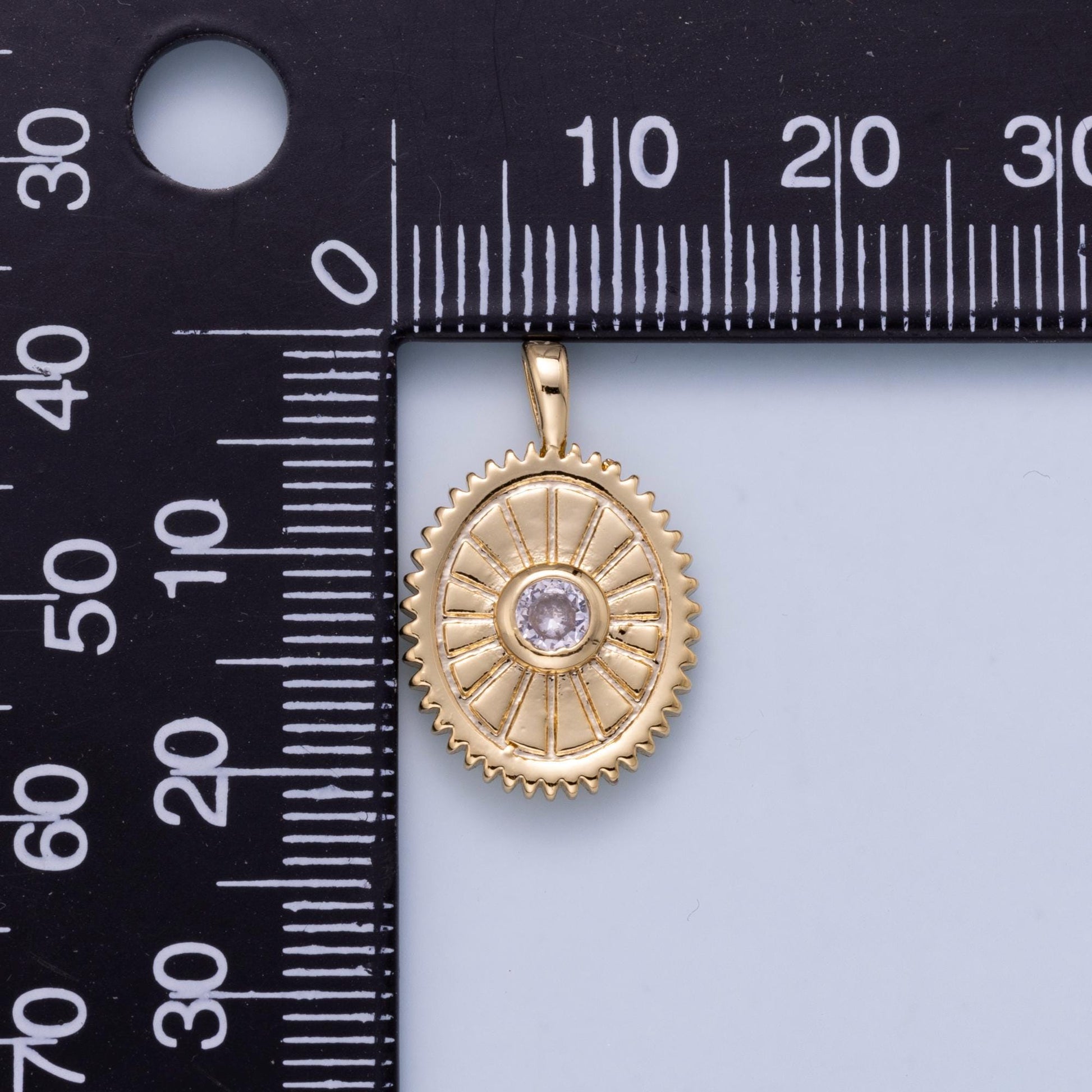 16K Gold Filled 21mm Clear CZ Geometric Lined Textured Sunburst Oval Pendant Layering Necklace Earring Jewelry DIY Supply | Charms-01046