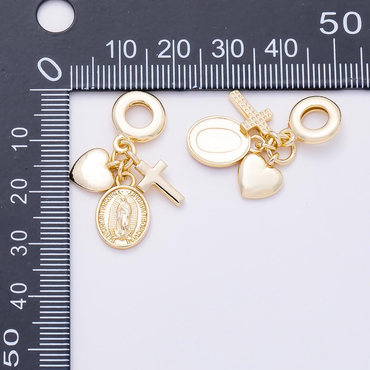16K Gold Filled 32mm Religious Heart Cross Mother Mary Sunburst Latin Prayer Drop Rondelle Pendant Catholic Charm Bracelet | Charms-01154