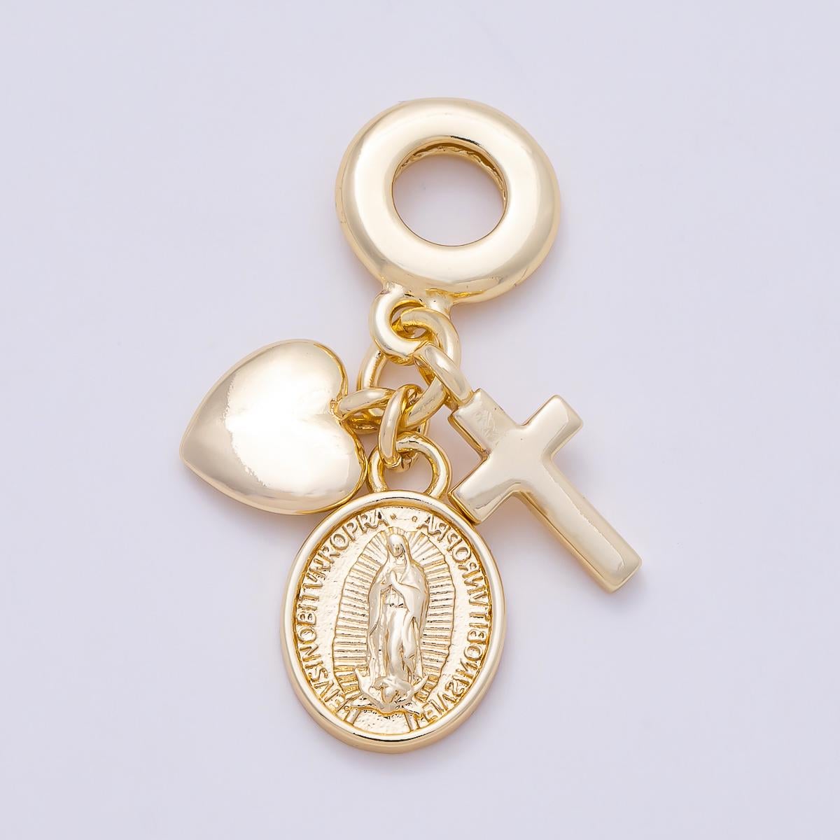 16K Gold Filled 32mm Religious Heart Cross Mother Mary Sunburst Latin Prayer Drop Rondelle Pendant Catholic Charm Bracelet | Charms-01154