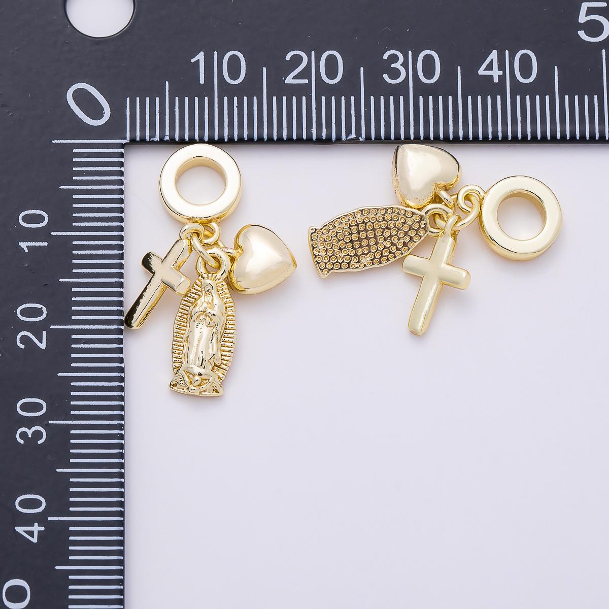 16K Gold Filled 27mm Religious Chubby Heart Cross Mother Mary Sunburst Drop Rondelle Pendant Catholic Medallion Jewelry Supply| Charms-01155