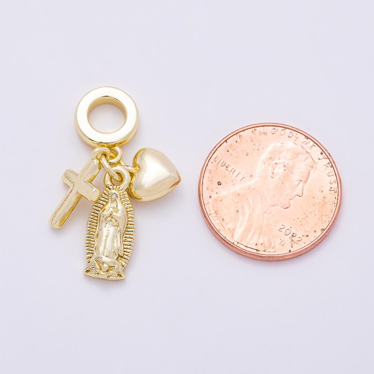 16K Gold Filled 27mm Religious Chubby Heart Cross Mother Mary Sunburst Drop Rondelle Pendant Catholic Medallion Jewelry Supply| Charms-01155