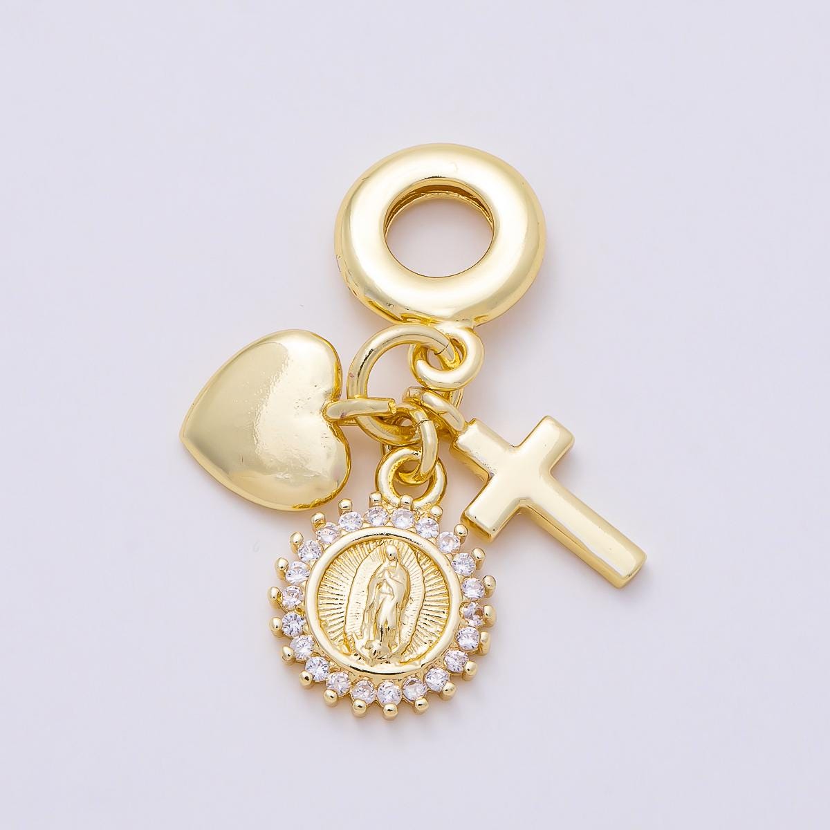 16K Gold Filled 31mm Religious Heart Cross Mother Mary CZ Round Drop Rondelle Pendant Virgin Maria Sunburst Jewelry Supply | Charms-01157