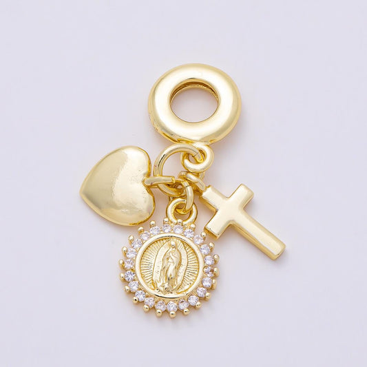 16K Gold Filled 31mm Religious Heart Cross Mother Mary CZ Round Drop Rondelle Pendant Virgin Maria Sunburst Jewelry Supply | Charms-01157