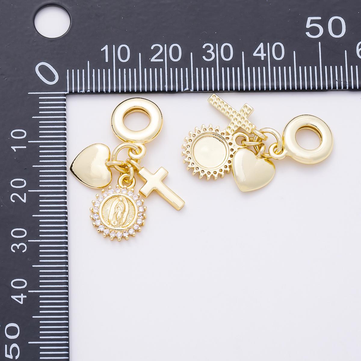 16K Gold Filled 31mm Religious Heart Cross Mother Mary CZ Round Drop Rondelle Pendant Virgin Maria Sunburst Jewelry Supply | Charms-01157