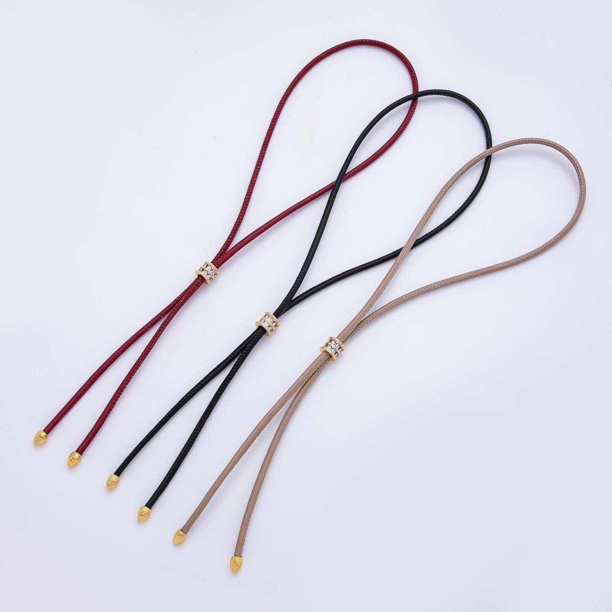 18K Gold Filled 3.3mm Brown, Red Faux Leather Baguette CZ Slide Bolo Chain 24in Necklace Adjustable Slider Cord Bohemian Jewelry | WA-01211