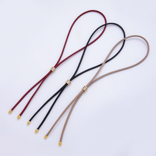 18K Gold Filled 3.3mm Brown, Red Faux Leather Baguette CZ Slide Bolo Chain 24in Necklace Adjustable Slider Cord Bohemian Jewelry | WA-01211