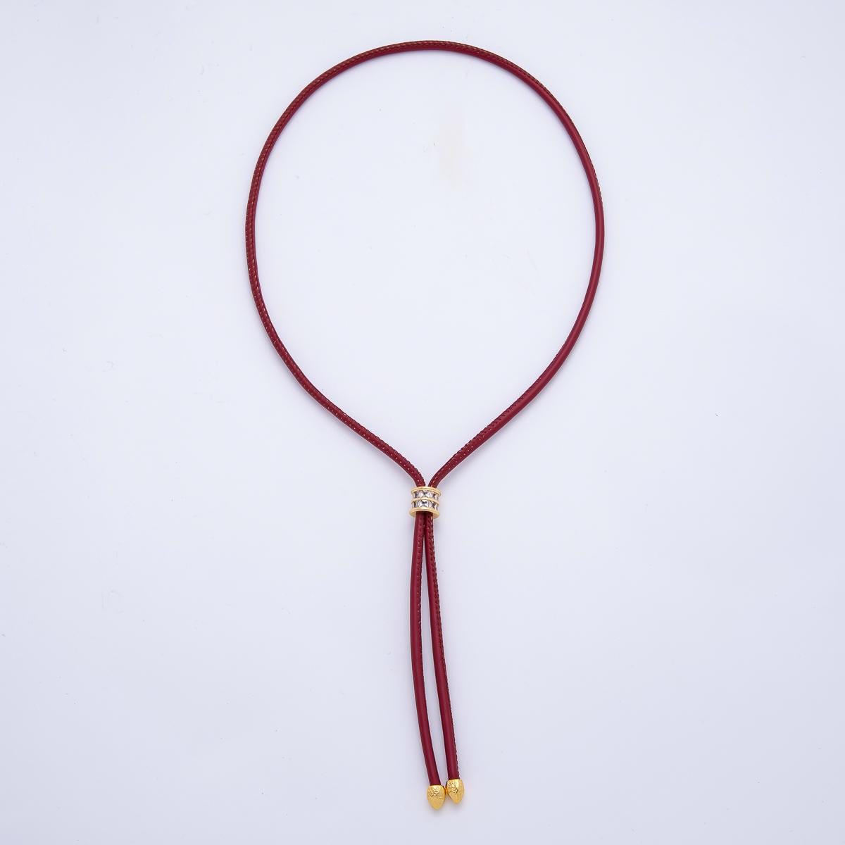 18K Gold Filled 3.3mm Brown, Red Faux Leather Baguette CZ Slide Bolo Chain 24in Necklace Adjustable Slider Cord Bohemian Jewelry | WA-01211