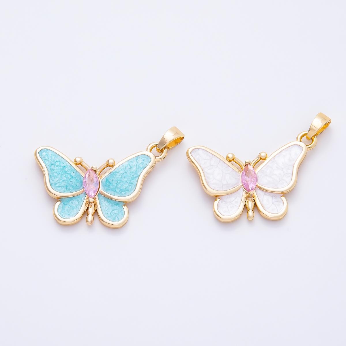 16K Gold Filled 17.5mm White, Blue Glitter Enamel Marquise CZ Butterfly Pendant DIY Jewelry Making Findings custom Necklace | Charms-01259